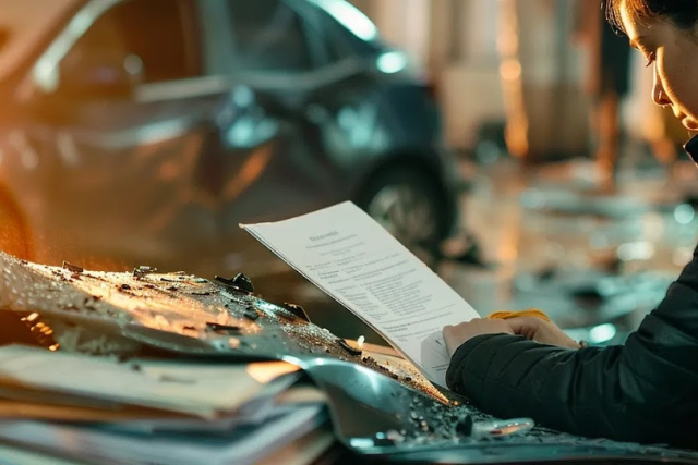 a person in a car accident looking at a legal document next to a stack of papers and a laptop.